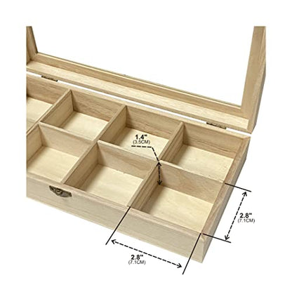 Cregugua 2 Pack Unfinished Wooden Box with Glass Lid, Wood Jewelry Storage Tray Box,8 Compartment Organizer 12.6 x 6.3 x 2.4 In