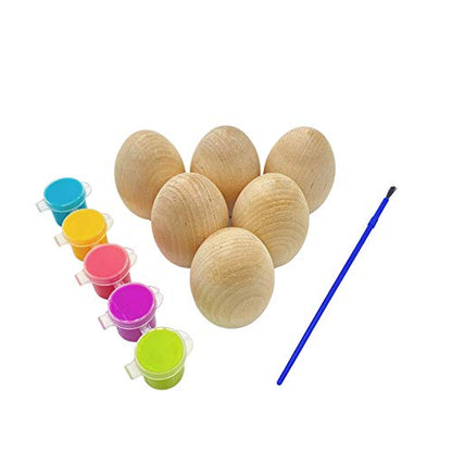 Large 2.5" Unfinished Flat Bottom Wooden Easter Craft Eggs with Bonus Gift - Includes 6 Wooden Eggs and Bonus Easter Colored Paint Pots and Brush