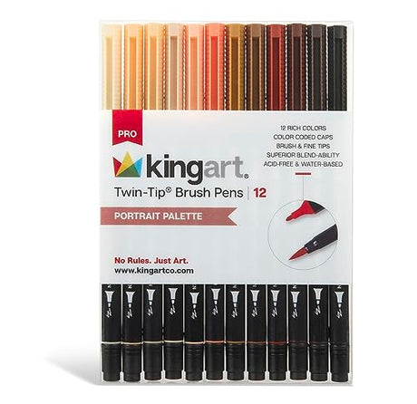 KINGART PRO Twin-Tip 445 Series Brush Pen Art Markers, PORTRAIT Collection, Set of 12 Unique & Vivid Colors KINGART