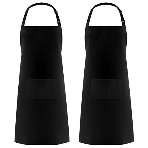 Syntus 2 Pack Adjustable Bib Apron Waterdrop Resistant with 2 Pockets Cooking Kitchen Aprons for Women Men Chef, Black - WoodArtSupply