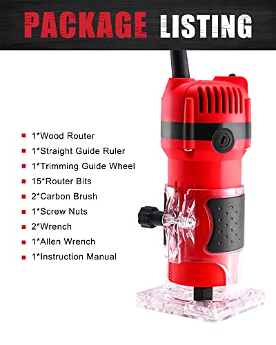 SILVEL Wood Router, 800W Wood Routers for Woodworking, 6.5Amp 1.25HP Hand Wood Router Tool, 30000R/MIN Compact Edge Trimmer with 15 1/4" Router Bit