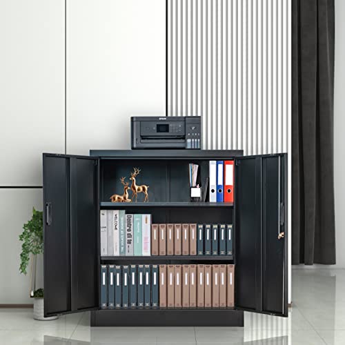 Wanfu Metal Storage Cabinet with Locking Doors and Adjustable Shelves, 36.2" H Steel Storage Cabinet for Garage, Home, Office, Utility Room-Black - WoodArtSupply