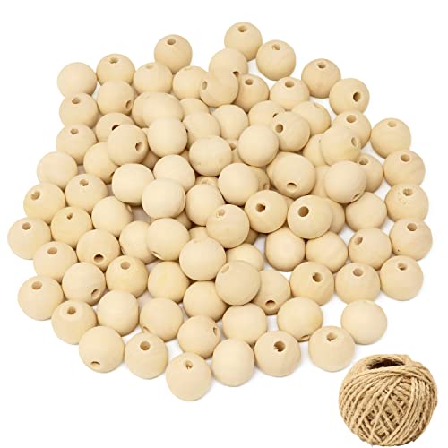 yueton 100PCS 20mm Blank Unfinished Wooden Beads Round Wood Beads Spacer Beads Loose Beads for Jewelry Making and DIY Craft Accessories - with 30m - WoodArtSupply