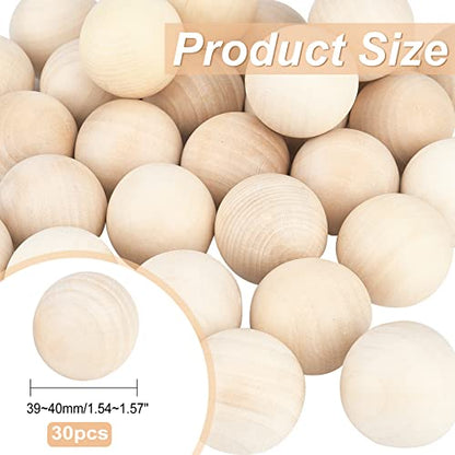 PH PandaHall 30pcs 40mm Wooden Round Ball, Unfinished Natural Wood Beads No Hole Wooden Loose Beads Balls Spheres for Gnomes Wine Decanters Top Home