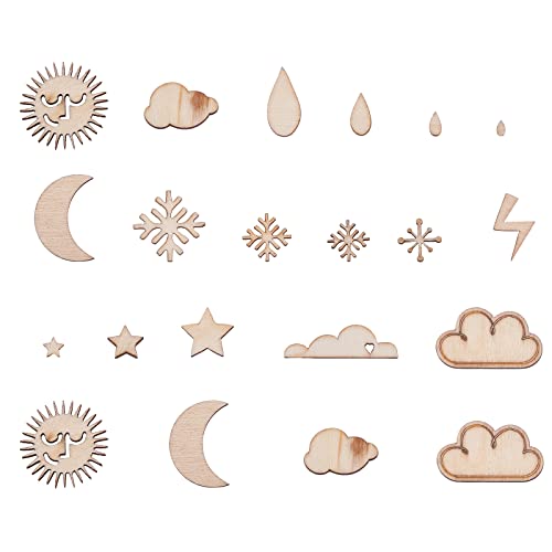 LiQunSweet 100 Pcs Blank Weather Theme Moon Sun Cutouts Unfinished Wooden Filigree Wood Cut Out Slice Pieces Embellishments for DIY Project Home