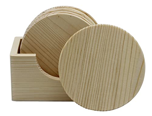 6 Pack of Unfinished Wood Coasters with Holder – 4 Inch Round Wooden Coaster DIY Craft, Sanded and Ready to Decorate, Paint or Stain - WoodArtSupply