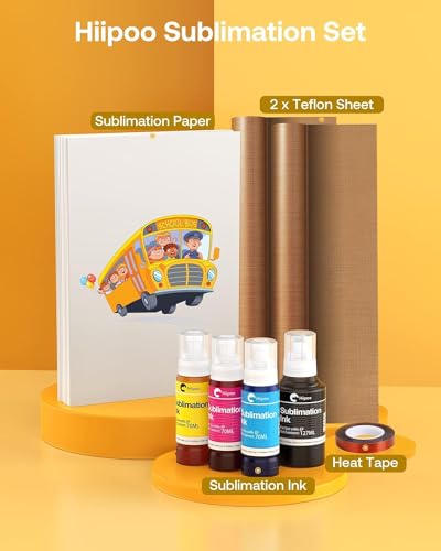 Hiipoo Sublimation Ink Set with 110 Sheet Sublimation Paper 8.5x11” 125G, 2 Pack Teflon Sheet, Heat Tape compatible for Inkjet Printer ET-2720 Hiipoo