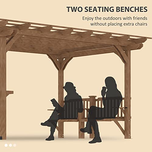 Outsunny 14' x 10' Outdoor Pergola, Wooden Grill Gazebo with Bar Counters and Seating Benches, for Garden, Patio, Backyard, Deck - Brown Outsunny