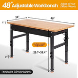 48" Adjustable Work Bench, Rubber Wood Top Heavy-Duty Workbench with Power Outlet, 2000 LBS Load Capacity Hardwood Worktable, for Garage, Workshop, Polar Aurora