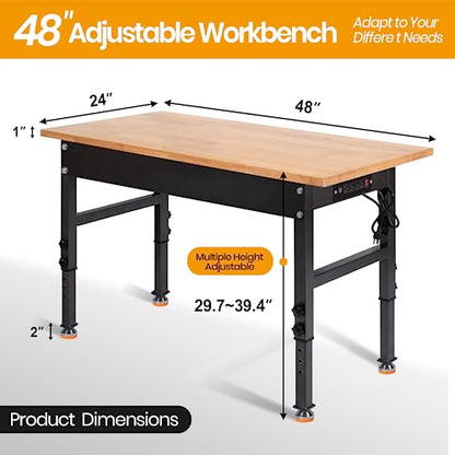 48" Adjustable Work Bench, Rubber Wood Top Heavy-Duty Workbench with Power Outlet, 2000 LBS Load Capacity Hardwood Worktable, for Garage, Workshop, - WoodArtSupply