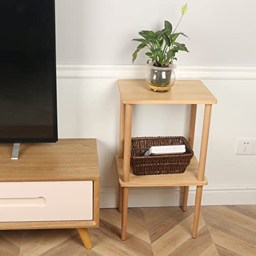 exilot Solid Wood Side Table, 2-Tier End Table with Storage Shelves, Tall Nightstand Bedside Table for Living Room Bedroom Office No-Tool Assembly exilot