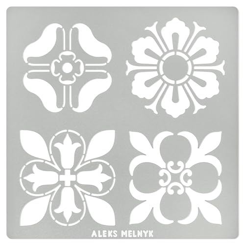 Aleks Melnyk No.378 Metal Stencil, Square Ornamental, Lily Flower, Swirls, Patterns, Small Stencil, 1 PC, Template for Wood Burning, Engraving, - WoodArtSupply