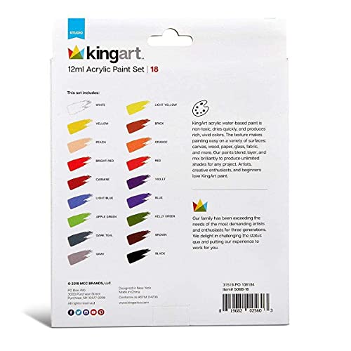 KINGART Studio Acrylic Paint, 12ml (.4oz), Set of 18 Colors KINGART