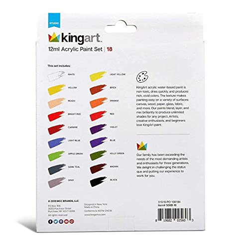 KINGART Studio Acrylic Paint, 12ml (.4oz), Set of 18 Colors - WoodArtSupply