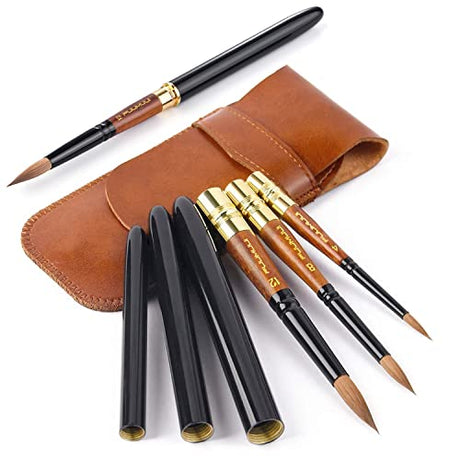Kolinsky Travel Watercolor Brushes, Fuumuui 3Pcs Plein Air Elegant Kolinsky Sable Watercolor Brushes with Pocket Size Leather Pouch Perfect for Fuumuui