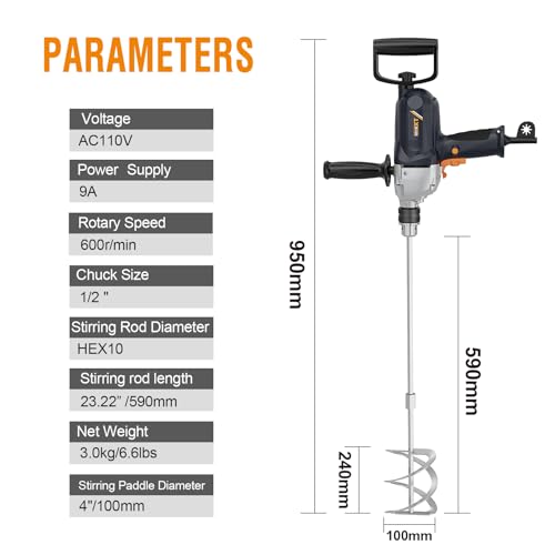 MAXXT Drill Mixer Set with Spade Handle 1/2 inch Electric Corded Mixing Drill Machine 9A Motor Concrete Mud Mixer MAXXT
