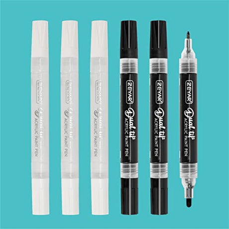 ZEYAR Dual Tip Acrylic Paint Pens, Medium Tip and Extra Fine Tip, Water Based Acrylic & Waterproof Ink, Assorted Colors (3 Black & 3 White) ZEYAR