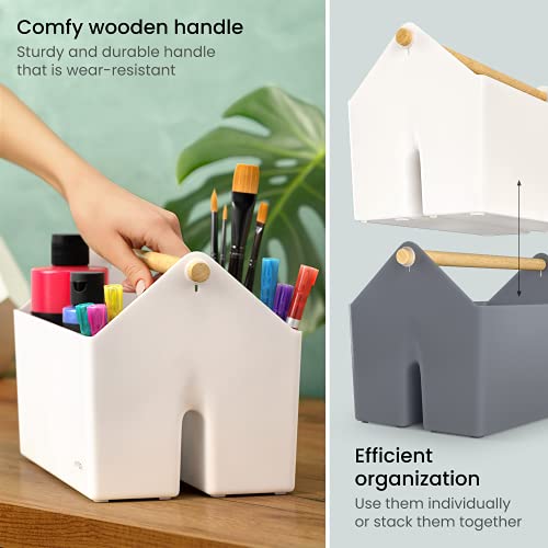 Arteza Plastic Portable Craft Storage Organizer, Pack of 2, Gray and Ivory, 3-Sectioned Plastic Basket with Handle, Caddy Organizer for Art Supplies, ARTEZA