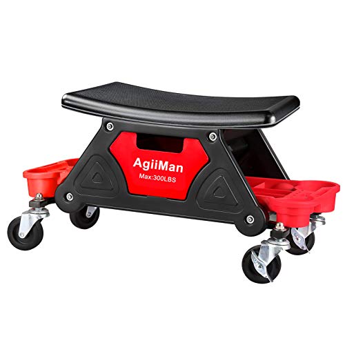 AgiiMan Mechanic Stool - Detailing Garage Rolling Stool with Wheels, Roller Creeper Seat Chair Repair Tools Tray, 2 Tool Storage Drawers Under Seat, AgiiMan