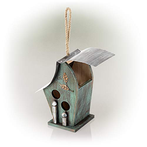 Alpine Corporation YEN134HH-TUR Wooden Birdhouse Outdoor Decor for Garden, Patio, Deck, Porch, 8"L x 6"W x 12"H with Rope: 21”H, Turquoise Alpine Corporation