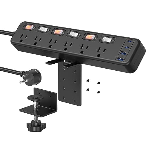 JUNNUJ Clamp Power Strip Standing Desk with 30W USB C, 2 in 1 Clip Desktop Surge Protector Edge Mount Outlet with 6 Individual Switches, Fit 2.6 inch - WoodArtSupply