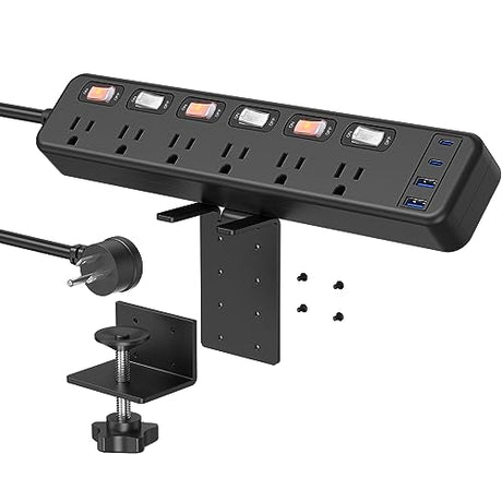 JUNNUJ Clamp Power Strip Standing Desk with 30W USB C, 2 in 1 Clip Desktop Surge Protector Edge Mount Outlet with 6 Individual Switches, Fit 2.6 inch JUNNUJ