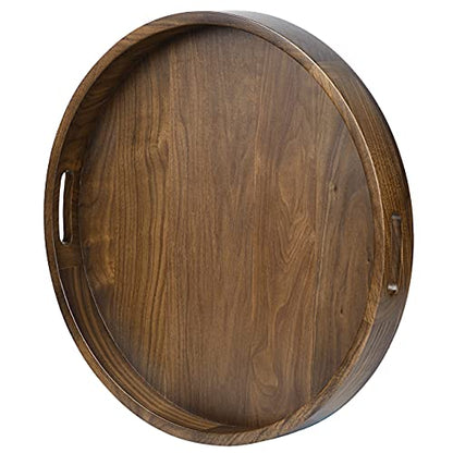 KINGCRAFT 20 x 20 inches Large Round Ottoman Table Tray Wooden Solid Serving Tray with Handle Black Walnut Circle Platter Decorative Tray for - WoodArtSupply