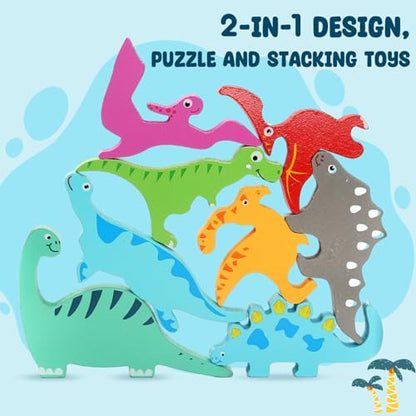 LovesTown 12PCS Stacking Dinosaur Puzzles, Preschool Wooden Dinosaur Toys Chunky Jigsaw Puzzles for Birthday Gift Kids Age 2 3 4 5 - WoodArtSupply