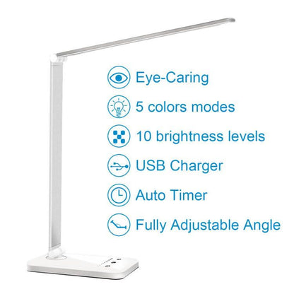 White crown LED Desk Lamp Dimmable Table Lamp Reading Lamp with USB Charging Port, 5 Lighting Modes, Sensitive Control, 30/60 Minutes Auto-Off Timer, Eye-Caring Office Lamp