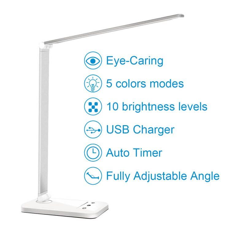 White crown LED Desk Lamp Dimmable Table Lamp Reading Lamp with USB Charging Port, 5 Lighting Modes, Sensitive Control, 30/60 Minutes Auto-Off Timer, - WoodArtSupply