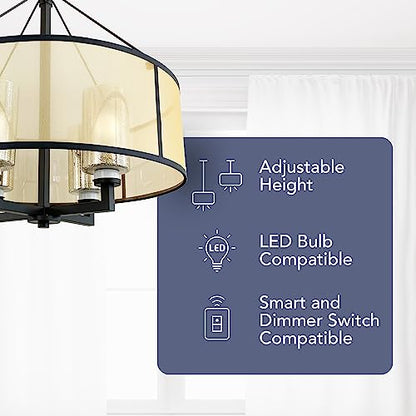 Elk Home Diffusion 4-Light Chandelier - in Oil Rubbed Bronze Finish, with Beige Organza with Mercury Glass Inner Shade, Transitional Style - WoodArtSupply