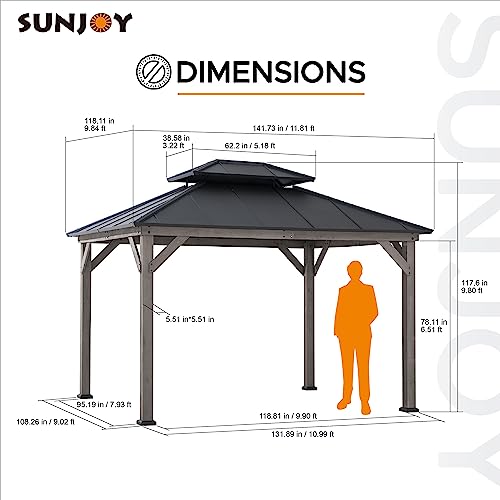 Sunjoy 10 x 12 ft. Wood Gazebo, Outdoor Patio Steel Hardtop Gazebo, Cedar Framed Wooden Gazebo with 2-Tier Metal Roof, Suitable for Patios, Lawn and