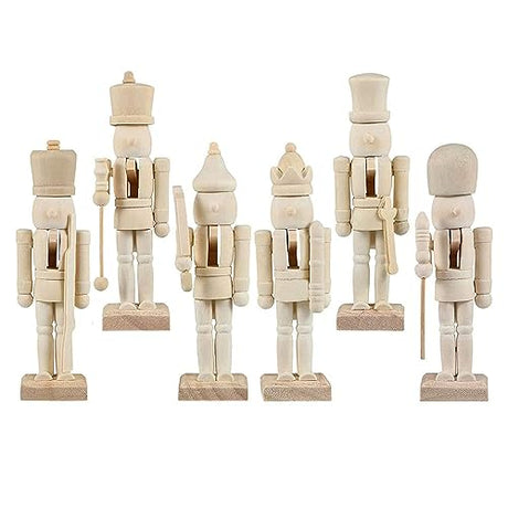 RCFINE 6Pcs Christmas Wooden Unfinished Nutcracker Figurines DIY Blank Unpainted Nutcracker Puppet Nutcracker Craft for Christmas Decoration (Blank RCFINE