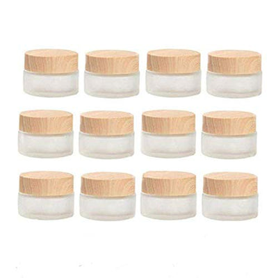 Healthcom 12 Packs 1 Oz Empty Jars 30ml Round Frosted Glass Cream Jar Bottles Holder with Wood Grain Lids Refillable Case Vial Pot Cosmetic Container