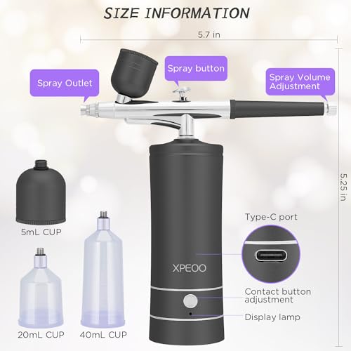 Airbrush KIT Cordless Rechargable with Compressor Portable Air Brush Sets,Auto Handled for Model Painting,Nail,Make Up,Tattoo, Black XPEOO