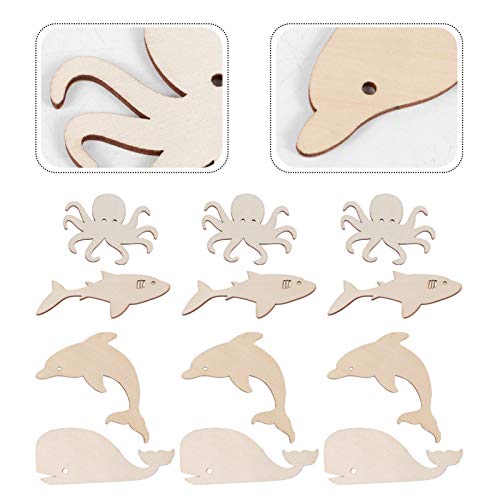 Healifty 24Pcs Marine Animal Wood Chips Unfinished Woods Slices Natural Unfinished Wood Slices Hanging Unfinished Wood DIY Wood Slice Octopus Decor Healifty