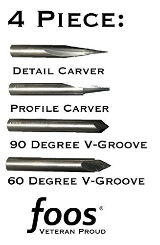 FOOS - Engraving CNC Wood Carving Router Bit Set - 4pcs - Solid Carbide - 1/4” Shanks - Veteran Owned = Profile + Carving Liner + 2 V Groove USA - WoodArtSupply