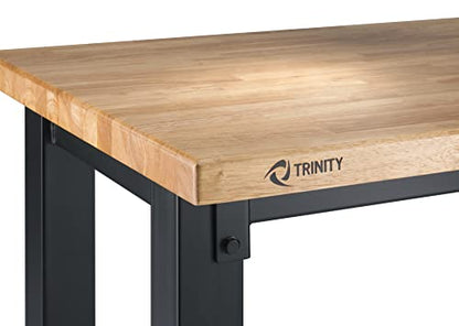 TRINITY Heavy Duty Wood Top Work Bench Adjustable Height Utility Table with Powder Coated Steel Frame for Commercial, Industrial, and Home