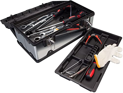 BIG RED A5519BR Torin 19" Stainless Steel and Plastic Portable Storage Tool Box Organizer with Metal Lock, Multiple Compartments, Clear Lid and BIG RED