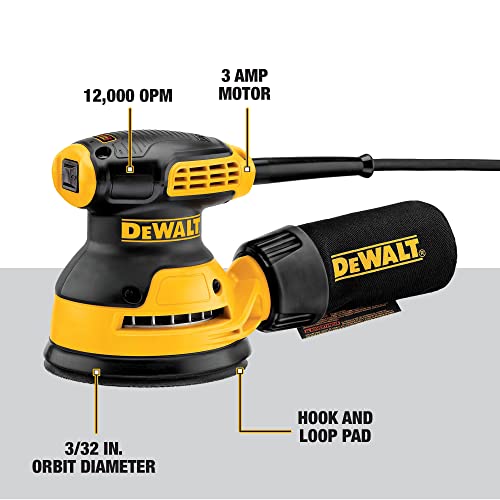 DEWALT Orbital Sander Kit, 5 inch, 3 amp, Corded, 12,000 OPM (DWE6421K), Yellow DEWALT