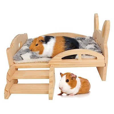 Rypet Wooden Guinea Pig Bed with Stairs and Mat Cozy Small Animals Cushion Bed Detachable Small Pet Hut Habitats for Guinea Pig Dwarf Rabbit