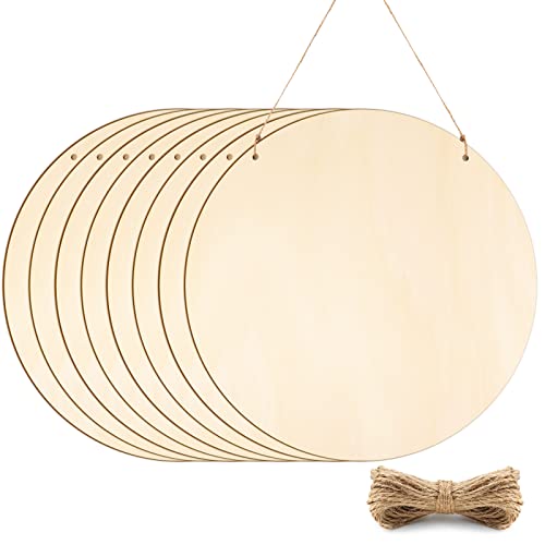 FSWCCK 8 PCS 12 Inch Blank Wood Circles for Crafts, Unfinished Wood Slices Front Door Decor Round Wooden Hanging Sign with Twine for DIY Crafts FSWCCK