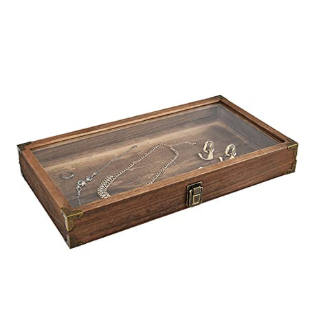 MOOCA Natural Wood Glass Top Jewelry Display Case Accessories Storage Box, Jewelry Boxes & Organizers with Brass Corners and Metal Clasp, Wooden MOOCA