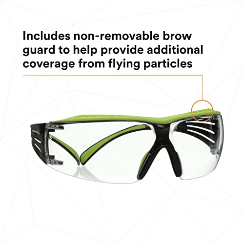 3M Safety Glasses, SecureFit 400X, ANSI Z87, Anti-Fog Anti-Scratch Clear Lens, Green and Black Frame, Brow Guard, Lightweight, Soft Nose Bridge and 3M SecureFit