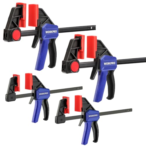 WORKPRO Mini Bar Clamps for Woodworking, 6"(2) and 4-1/2"(2), 4-Piece One-Handed Clamp/Spreader, Light-Duty Quick-Change F Clamp with 150lbs Load