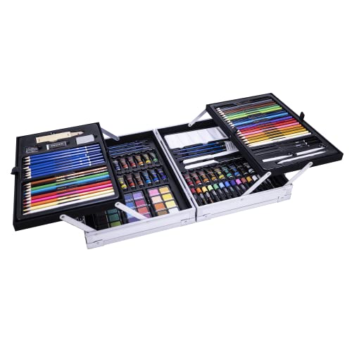 RoseArt Premium 146 Piece Art Set, Fold-out Metal Artist Case & Drawing Kit with Color Pencils, Oil Pastels, Acrylic Paints, Watercolor Cakes, Sketch RoseArt
