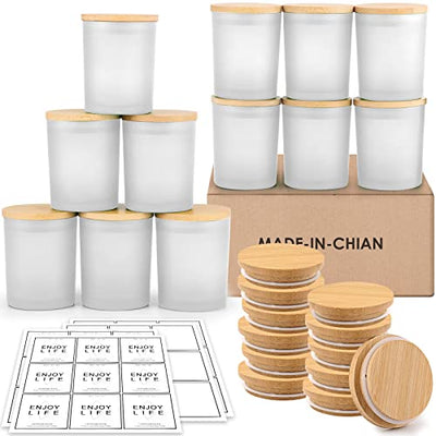 GOTIDEAL 12 Pack 9 OZ Frosted White Candle Jars with Bamboo Lids for Making Candles Supplies, Bulk Empty Candle Containers Tins Small Glass Jars for