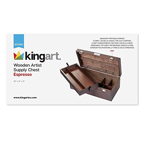 KINGART 724 Wood Portable Storage Box Organizer with Drawer And Espresso Stain, Holds Markers, Paint, Brushes, Pencils, And More KINGART