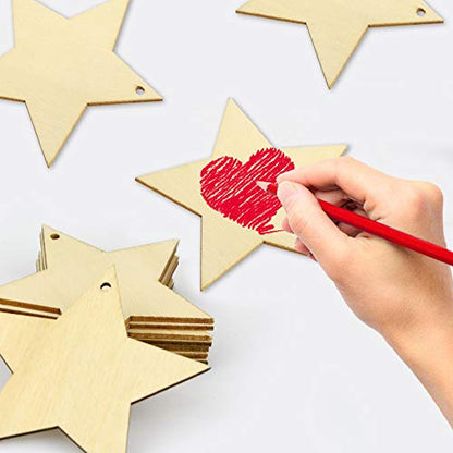 obmwang 50 Pieces Natural Wooden Star Cutouts Unfinished Predrilled Wooden Star Embellishments with Natural Twine for Christmas, DIY Craft, Party