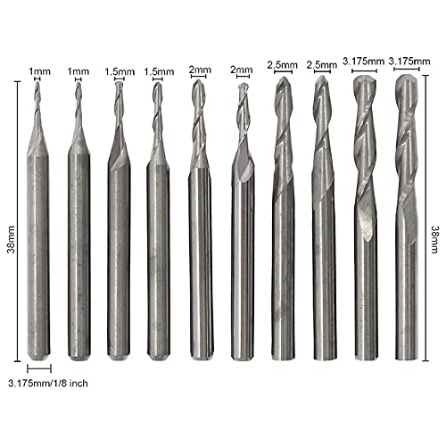 Carbide End Mill Set, Ball Nose Twist End Mill Carbide Burrs Set Shank Diameter 1mm 1.5mm 2.0mm 2.5mm 3.175mm for CNC Engraving, Milling, Roughing,